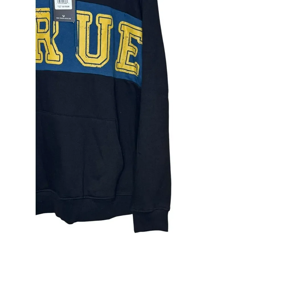 True Religion Men's Sweater Hoodie Contrast Panel Pullover Logo Black Large‎ NWT